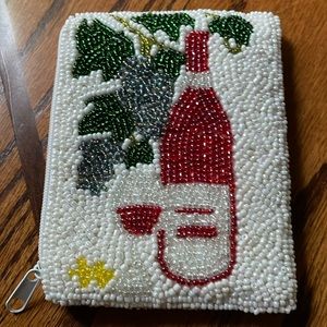 Wine Bottle, Wine Glass & Grape Leaves Beaded Coin/Currency Pouch 4.5" x 3.5"
